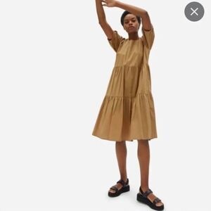 Everlane Camel Tan Cotton Tiered Midi Dress Puff Sleeve Size S Cottagecore